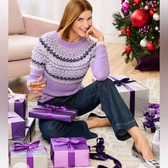 Talbots Embroidered Crewneck Sweater NWT Frost Fair Isle Embellished Sparkle